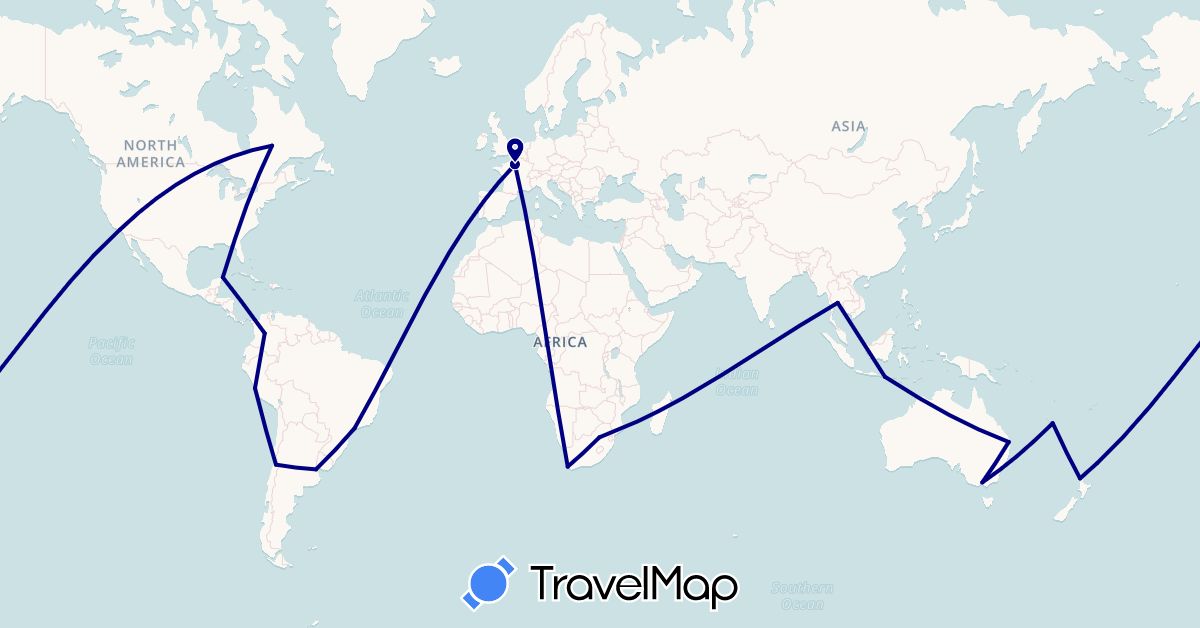 TravelMap itinerary: driving in Argentina, Australia, Brazil, Canada, Chile, Colombia, France, Indonesia, Mexico, New Zealand, Peru, Thailand, United States, South Africa (Africa, Asia, Europe, North America, Oceania, South America)